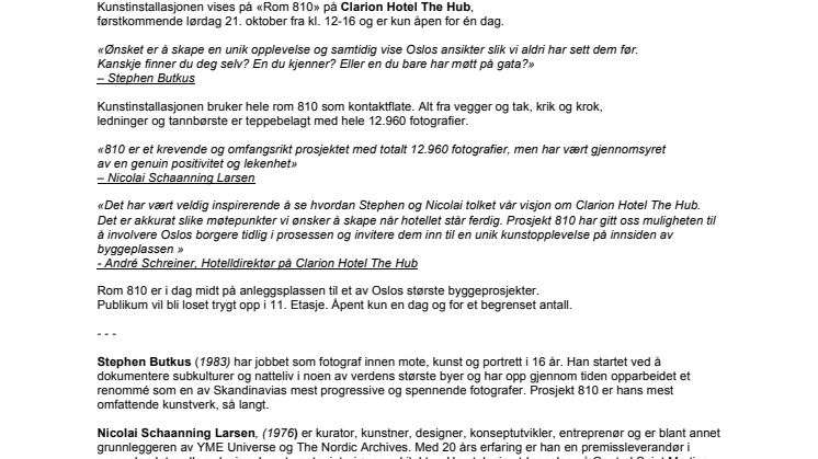 Eksklusiv kunstinstallasjon stilles ut på «Rom 810» på ​Clarion Hotel The Hub!