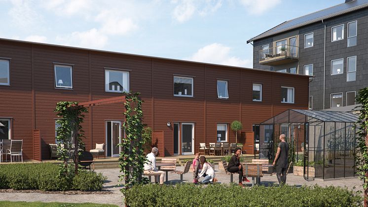 Illustration av gårdssida med gemensamma grönytor. I förgrunden syns radhusen och i bakgrunden lägenhetshus, BoKlok Diamanten på Bäckby, Västerås. 