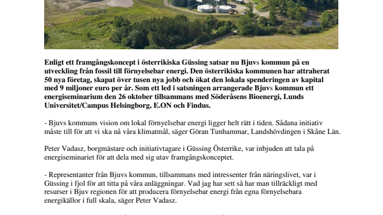 Gemensam satsning på förnyelsebar energi ska skapa tillväxt i Bjuvs kommun