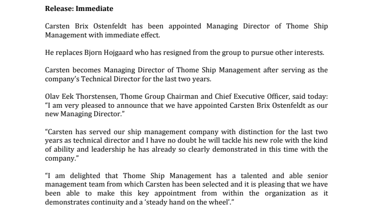 Thome Ship Management Appoints New Managing Director