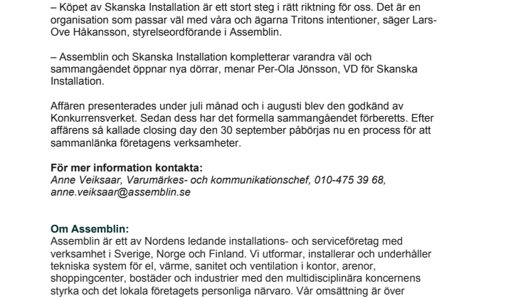 Assemblins förvärv av Skanska Installation slutfört