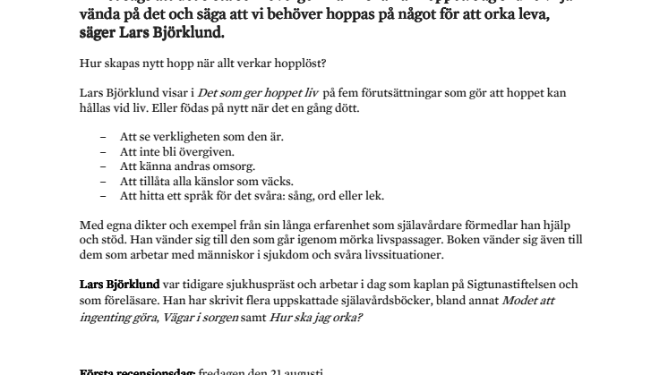 Lars Björklund skriver bok om hoppets förutsättningar
