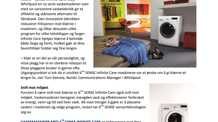 Whirlpool lanserer 6TH SENSE Infinite Care – en ny generasjon vaskemaskiner - Ny teknikk gir klærne dine best tenkelige omsorg 