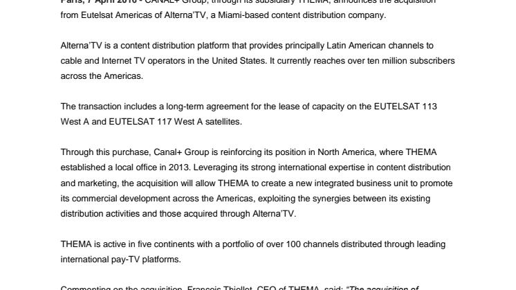 CANAL+ Group pursues international development with acquisition of Alterna’TV from Eutelsat Americas  