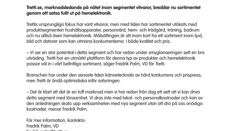 Tretti.se satsar på hemelektronik 