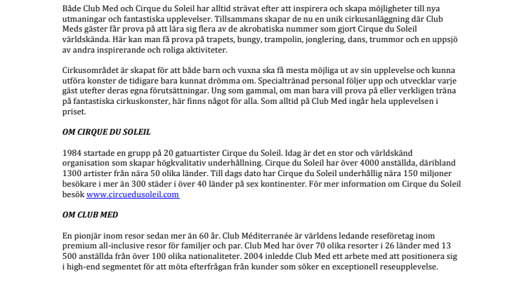 CLUB MED OCH CIRQUE DU SOLEIL SKAPAR UNIK SEMESTERANLÄGGNING
