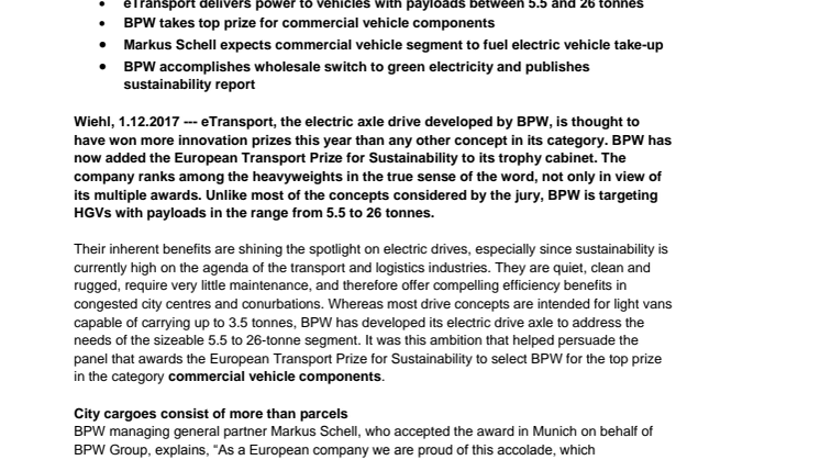 BPW’s electric drive for heavy goods vehicles scoops European Transport Prize for Sustainability