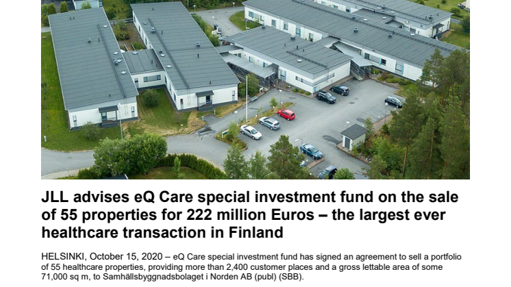 JLL advises eQ Care special investment fund on the sale of 55 properties for 222 million Euros – the largest ever healthcare transaction in Finland