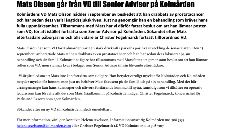 Mats Olsson går från VD till Senior Advisor på Kolmården