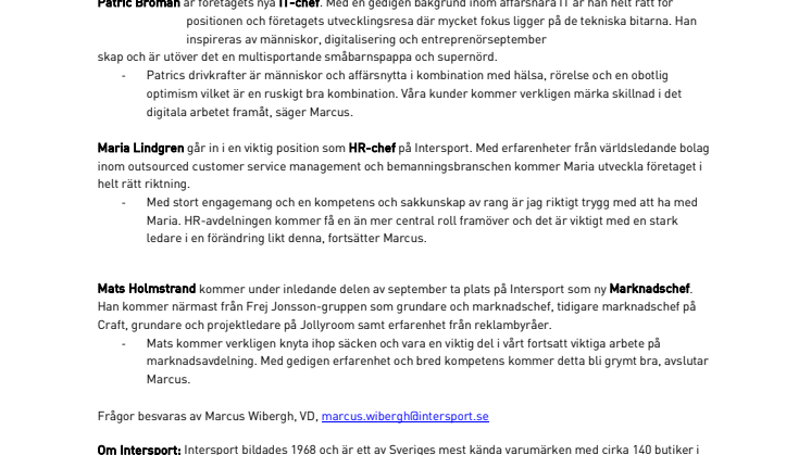 Ny kompetens på Intersport, tillsätter ny IT-chef, HR-chef och Marknadschef 