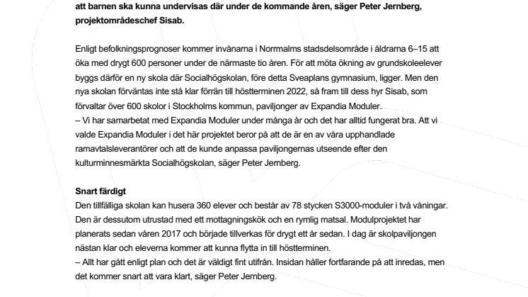 Ny paviljong löser skolkrisen på Norrmalm