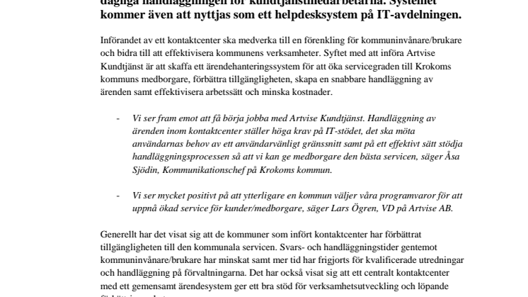 Krokoms kommun väljer Artvise Kundtjänst!