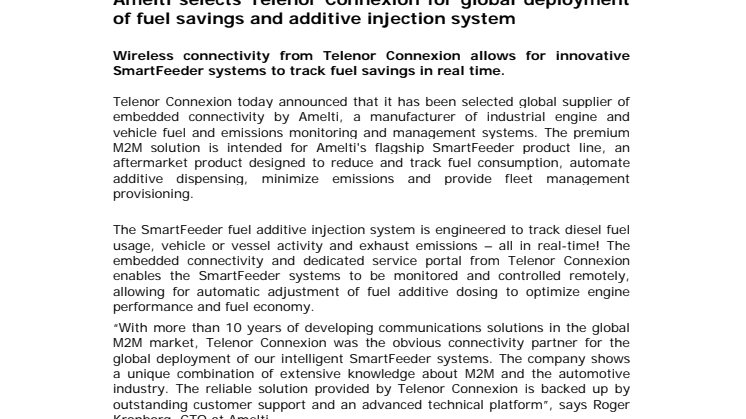Amelti selects Telenor Connexion for global deployment of fuel savings and additive injection system