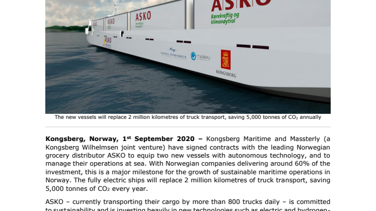 Kongsberg Maritime and Massterly to equip and operate two zero-emission autonomous vessels for ASKO