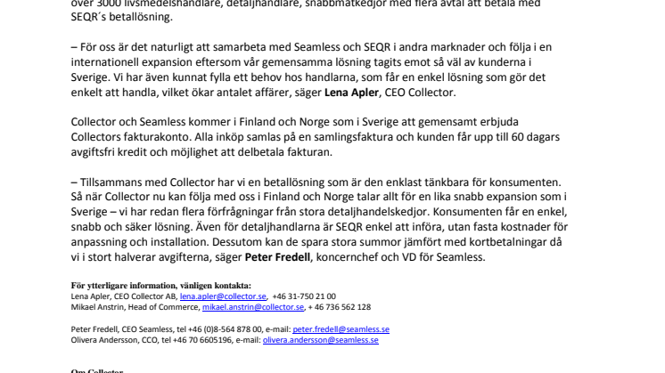 Collector och Seamless lanserar SEQR mobila betalningar i Finland och Norge
