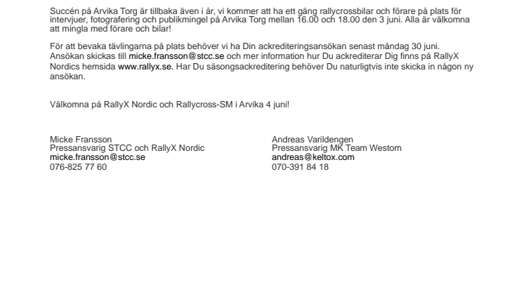 Mediainbjudan till RallyX Nordic i Arvika 4 juni