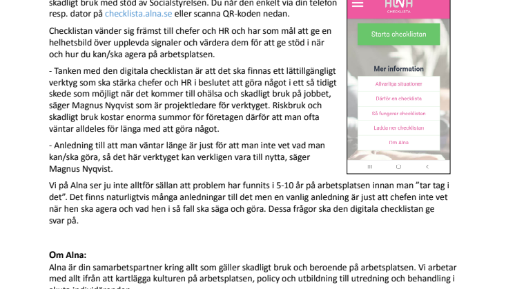 Alna lanserar en digital checklista för riskbruk och skadligt bruk för chefer och HR