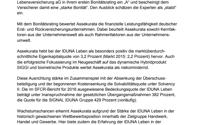ASSEKURATA – Erstes Bonitätsrating für die IDUNA Leben