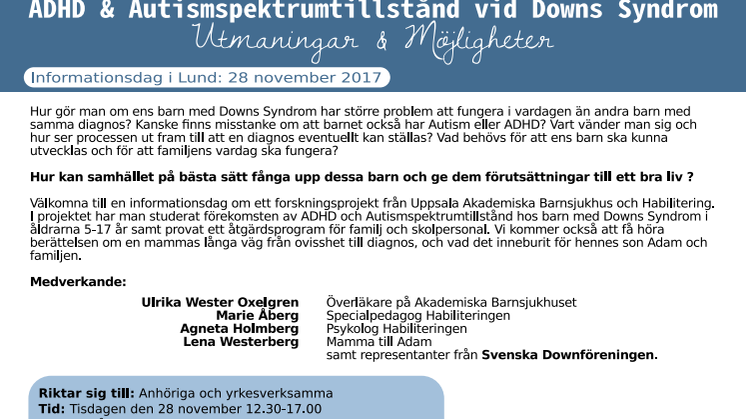 Informationsdag  i Lund den 28 november - "ADHD & Autism vid Downs Syndrom"
