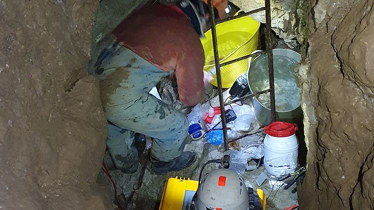 Researchers collecting samples from limestone bedrock deep below the ground in Goodluck Mine, Derbyshire (credit J. White)
