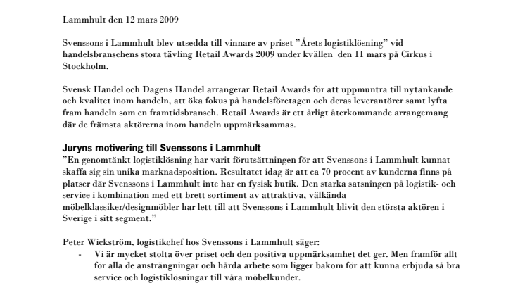 Svenssons i Lammhult vann priset Årets Logistiklösning vid Retail Awards 2009