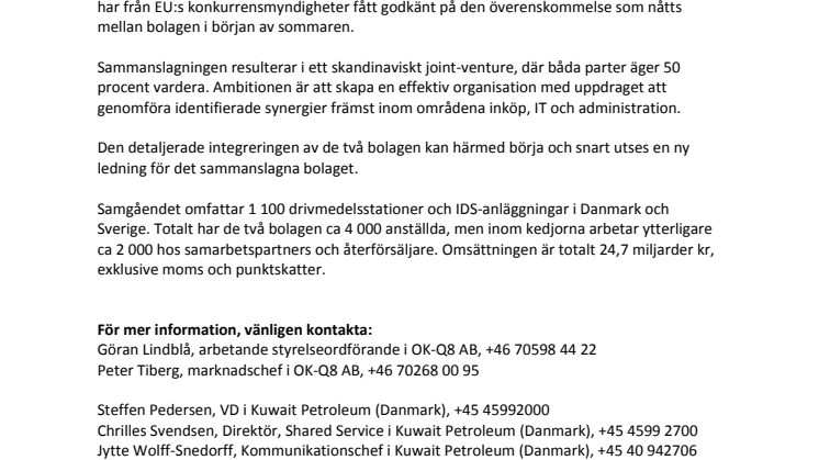 Pressmeddelande: Sammanslagningen av OKQ8 Sverige och Q8 Danmark godkänd