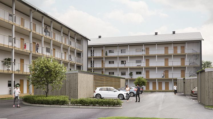 Illustration entrésida med loftgångar, BoKlok Staben, Karlskrona. 