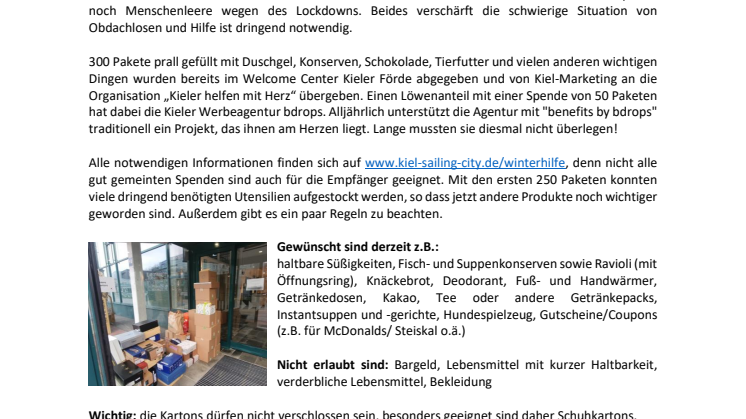 Winterhilfe für Kieler Obdachlose - Spendenpakete im Welcome Center Kieler Förde abgeben