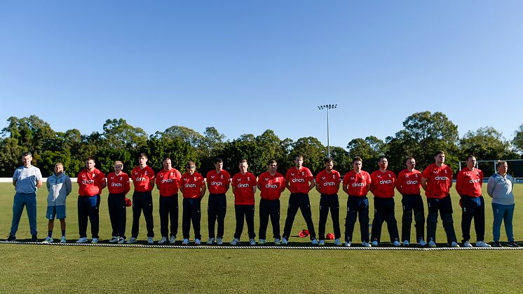 The England Intellectual Disability team sing the national anthem before the International Cricket Inclusion Series Intellectual Disability match between Australia and England at Northern Suburbs District Cricket Club