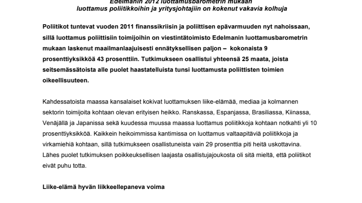 Luottamus poliittisiin toimijoihin kärsinyt kaikkialla maailmassa