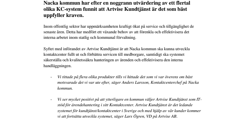Nacka kommun väljer Artvise Kundtjänst för sitt kontaktcenter!