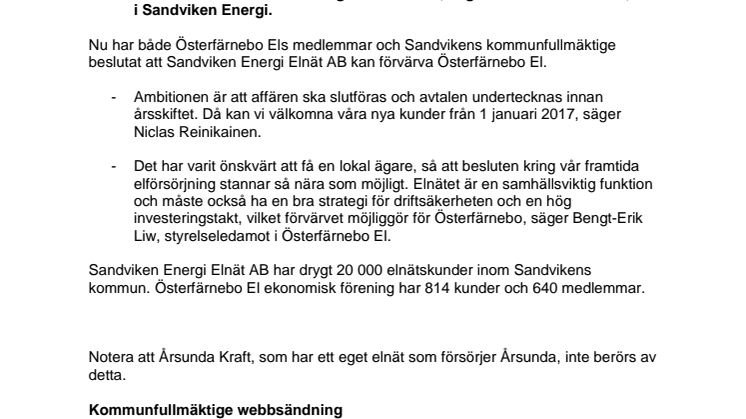 Sandviken Energi kan förvärva Österfärnebos elnät