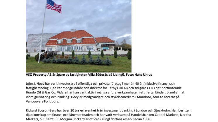 John J. Hoey och Rickard Bosson-Berg nya styrelsemedlemmar i VSQ Property AB   