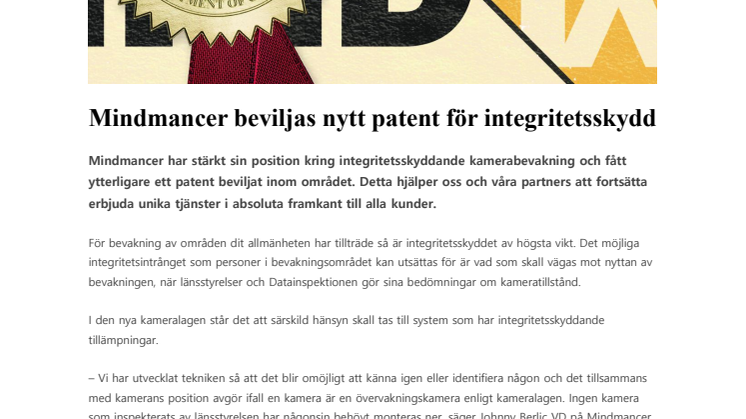 Mindmancer beviljas nytt patent för integritetsskydd