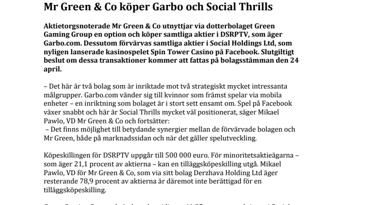 Mr Green & Co köper Garbo och Social Thrills