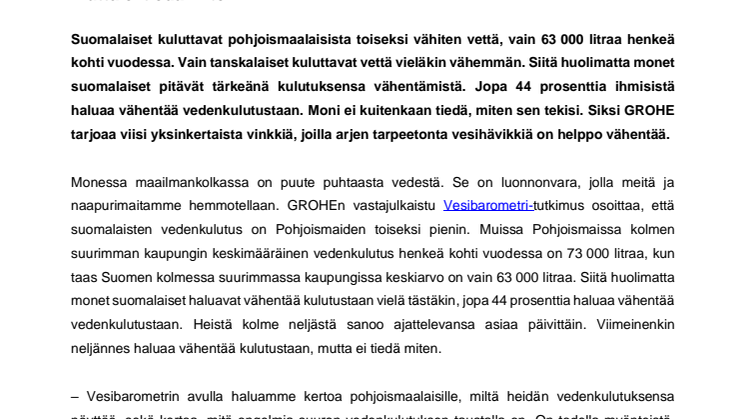 GROHEn Vesibarometri paljastaa:  Neljä kymmenestä suomalaisesta haluaa vähentää vedenkulutustaan, mutta ei tiedä miten
