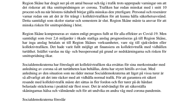 Ökad kollektivtrafik krävs för att undvika ny smittspridning 
