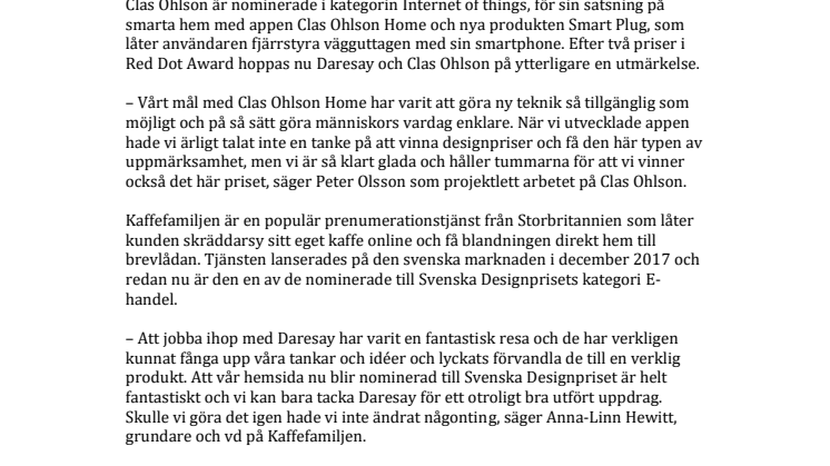 Daresay nominerade till Svenska Designpriset