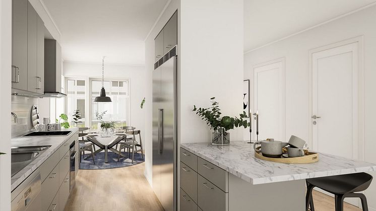 Brf Dora Lindgrens väg 2 - 3D-bild av enplanshusens kök och matplats. 
