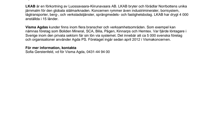 LKAB väljer Agda PS från Visma för sin lönehantering