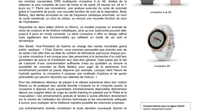 Garmin présente les montres connectées GPS multisports vívoactive 4 et 4S, dotées d’un suivi de forme et de santé complet et de nouveaux entraînements