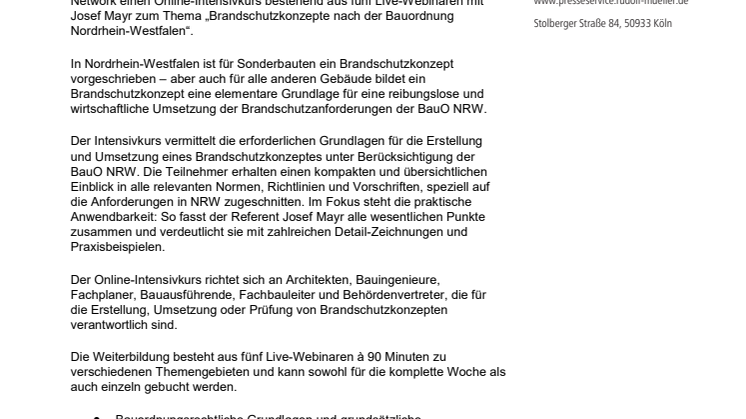 Online-Intensivkurs: Brandschutzkonzepte nach der Bauordnung NRW