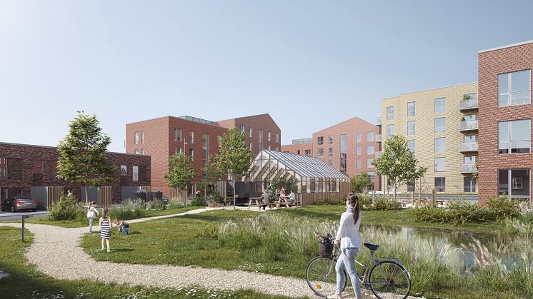 Cikoriehavens grønne gårdrum får fælleshus, udekøkken og legeplads. Visualisering: TNT Arkitekter/NOR3D