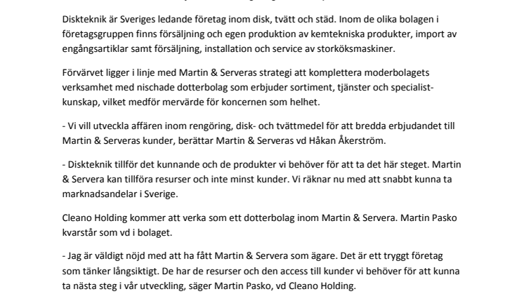 Martin & Servera expanderar inom rengöring med förvärv av Diskteknik