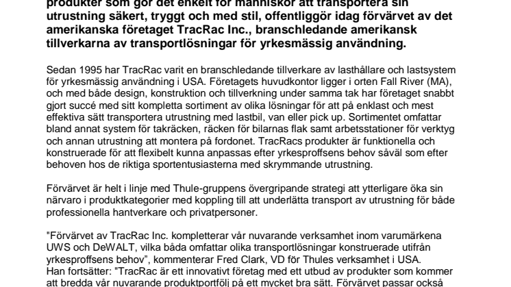 Thule-gruppen köper amerikanska företaget TracRac, branschledande tillverkare av transportlösningar för professionell användning