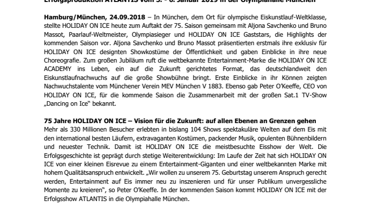 HOLIDAY ON ICE präsentiert 75. Saison mit Olympiasiegern Aljona Savchenko und Bruno Massot in München 