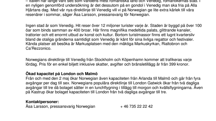 Norwegian startar ny direktlinje till Venedig 