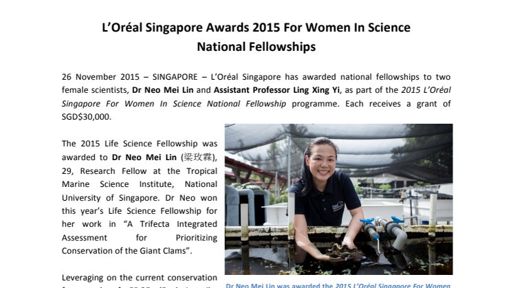 L’Oréal Singapore Awards 2015 For Women In Science National Fellowships 