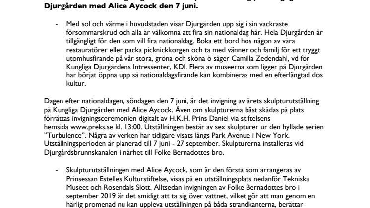  Nationaldagshelg med firande på kunglig mark och invigning av skulpturutställning på Djurgården
