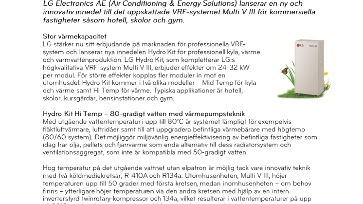 Nya LG Hydro Kit – för kommersiell värme, kyla och varmvattenproduktion upp till 80 grader.